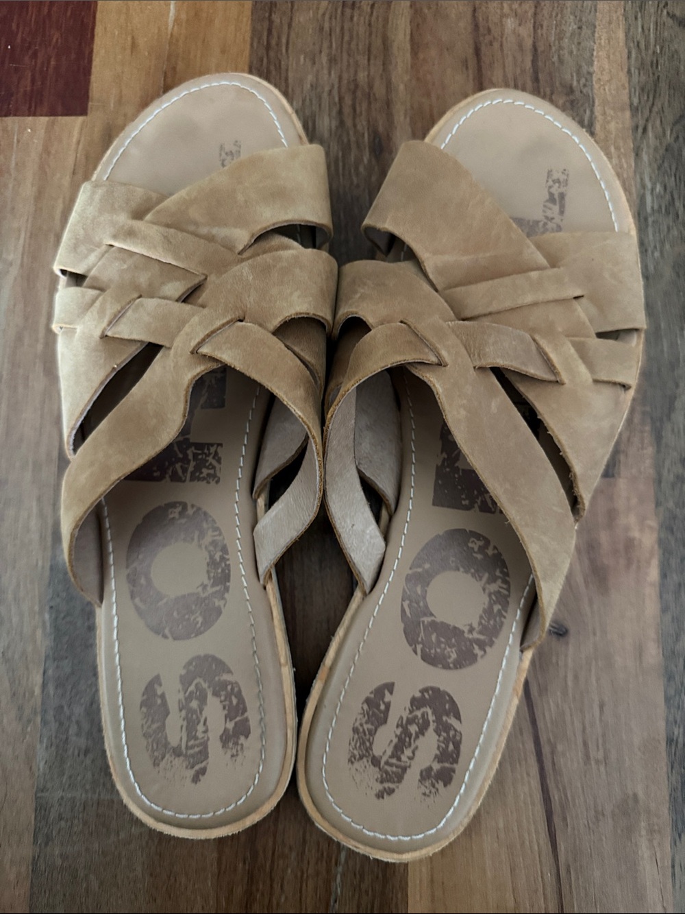 Sorel Tan Suede Braided Slide Sandals